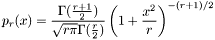 \[ p_{r}(x) = \frac{\Gamma(\frac{r+1}{2})}{\sqrt{r \pi}\Gamma(\frac{r}{2})} \left( 1+\frac{x^2}{r}\right)^{-(r+1)/2} \]