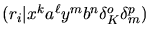 $(r_{i}\vert x^{k}a^{\ell}y^{m}b^{n}\delta_{K}^{o}\delta_{m}^{p})$